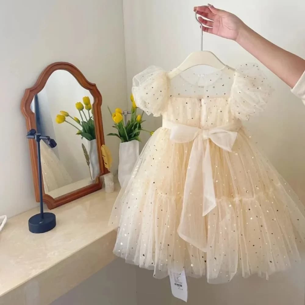 Bear Leader – robe d'été décontractée pour filles, tenue de princesse en maille à paillettes, manche