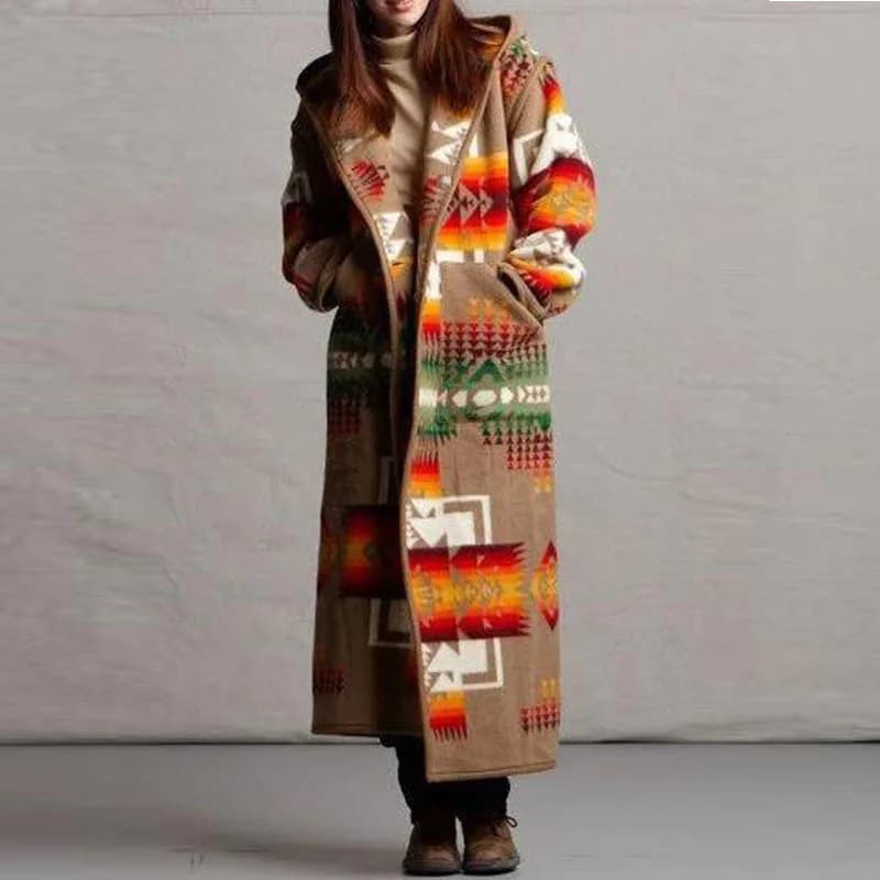 Femmes Mode Ethnique Style Boho Imprimé À Capuche Long Manteau adt Outwear Match Couleurs Plus La Ta