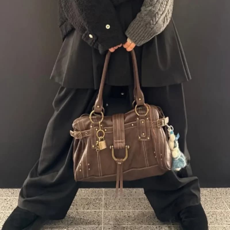 Sac à bandoulière rétro pour femme, grande capacité, sac sous le bras, sac à main de luxe avec rivet