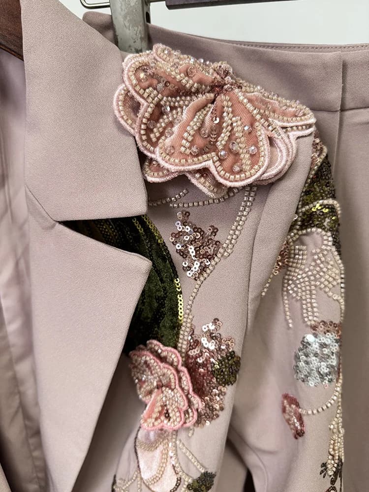 HIGH STREET – ensemble de costume de défilé de styliste pour femmes, Blazer perlé à fleurs 3D, panta