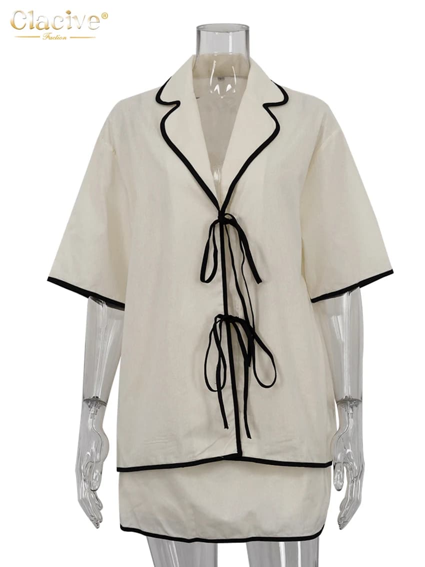 ClacMarkets-Ensemble 2 pièces en coton beige pour femme, chemise à manches mi-longues, mini jupe tai