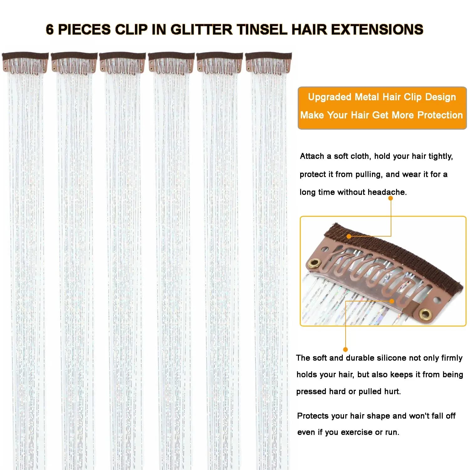 6 pièces pince à cheveux en 23.6 pouces paillettes synthétique pince à cheveux en cheveux Kit de gui