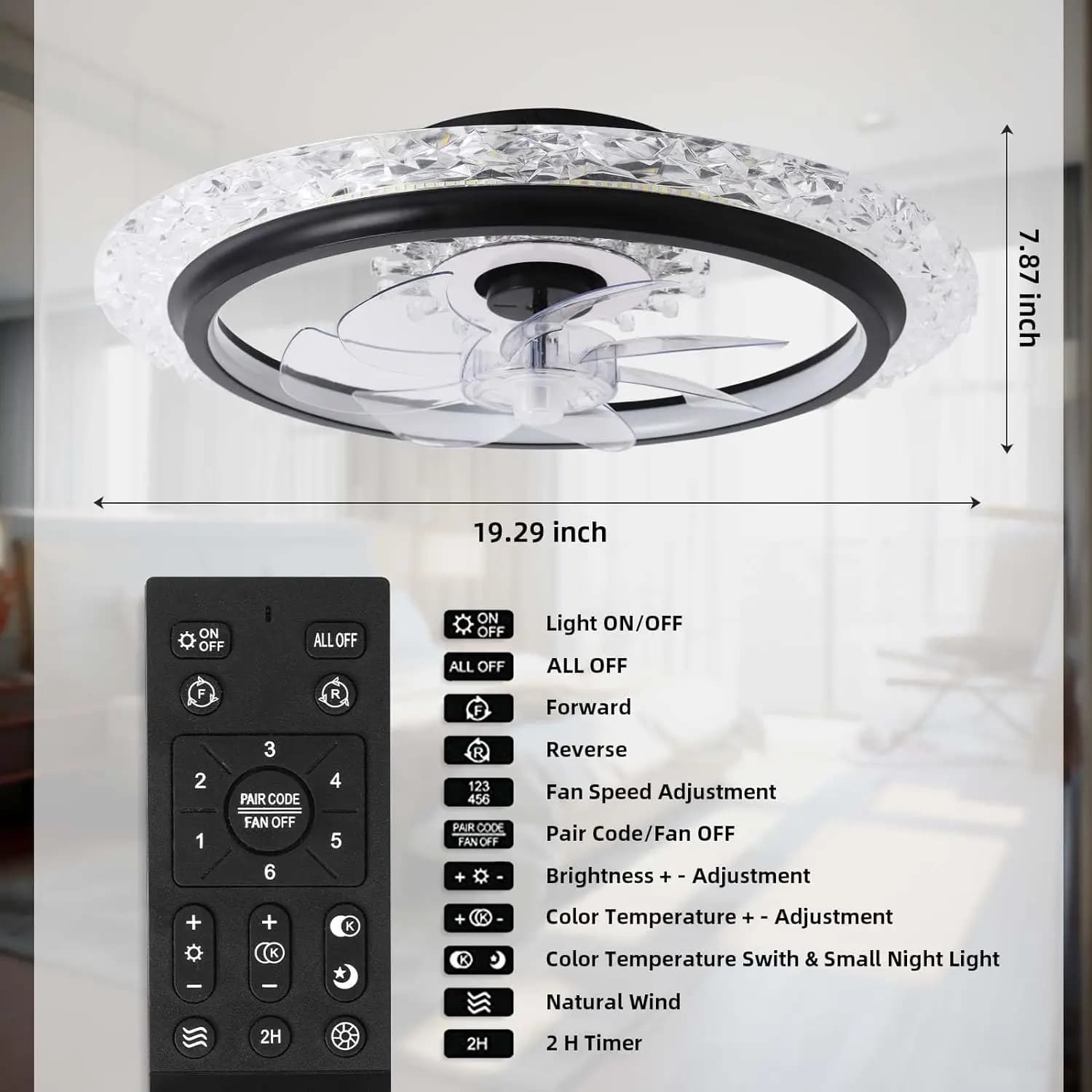 Gérwith Lights and Remote, Plafonnier en cristal à montage encastré noir, 20 po, 3 couleurs, chronom