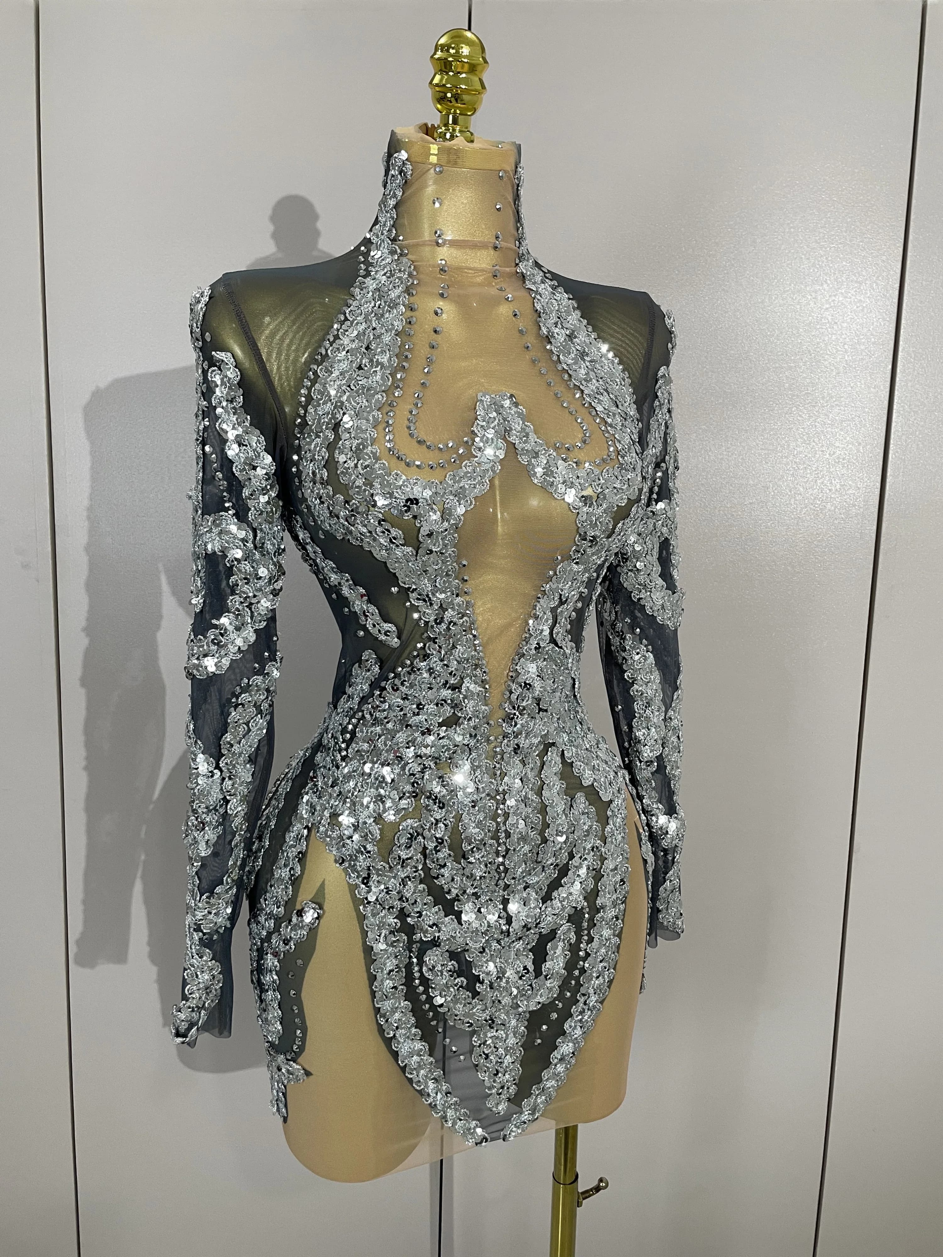 STOCK – tenue de scène Sexy en maille, manches longues, strass scintillants, Mini robe, fête d'anniv