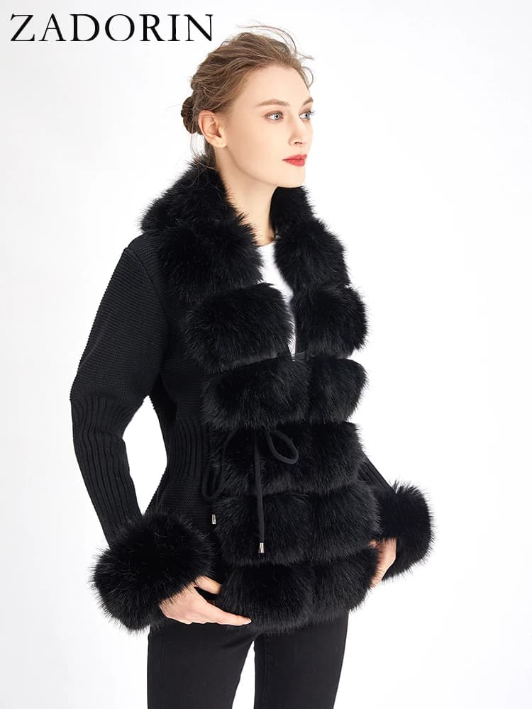 ZADORIN automne hiver femmes fausse fourrure manteau de luxe tricoté pull fourrure Cardigan col déta