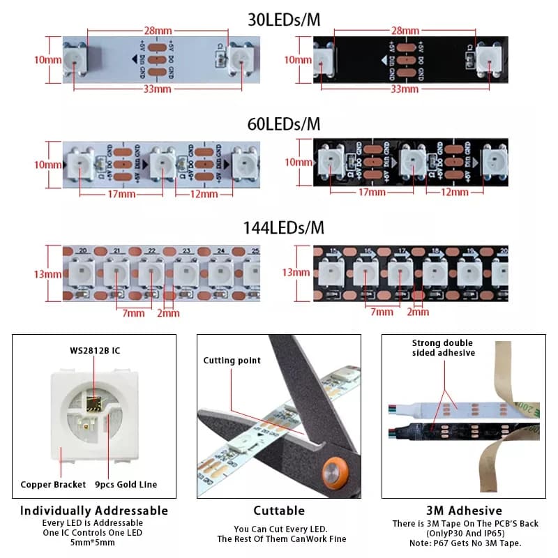 Bande lumineuse numérique adressable RGB, 1M, WS2812B, DC 5V, 0.3W/LED, 30/60/144, lampe, noir et bl