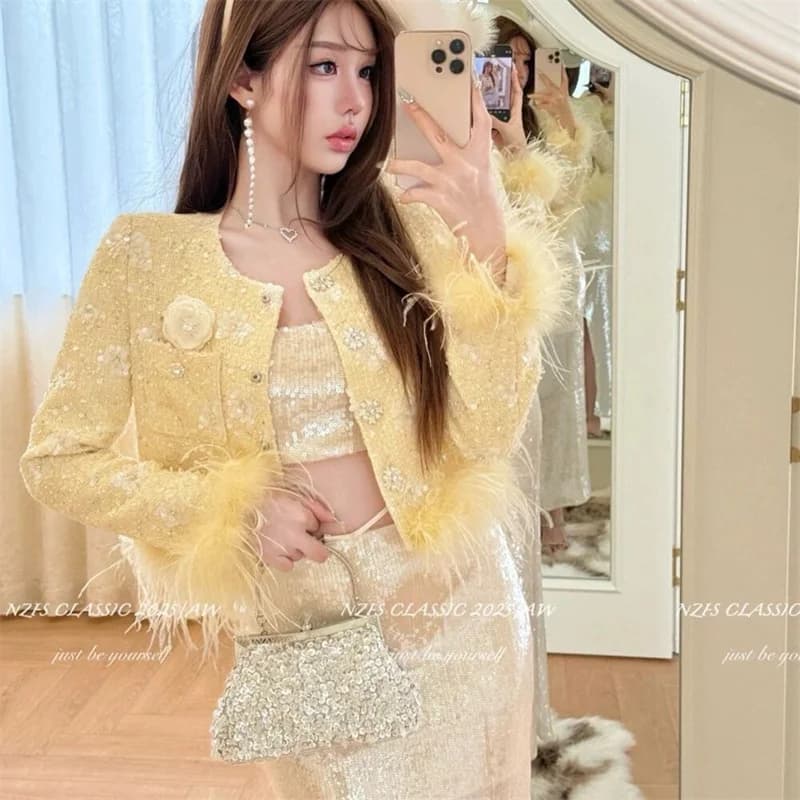 Doudoune épaisse à paillettes, petite veste parfumée, épissage de cheveux d'autruche, haut Noble de 