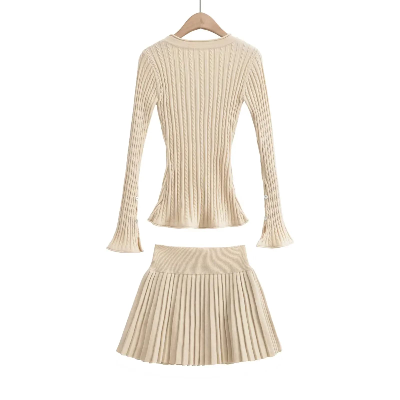 Cardigan en tricot torsadé à col en V pour femmes, taille élastique, mini jupe plissée, olympiques a