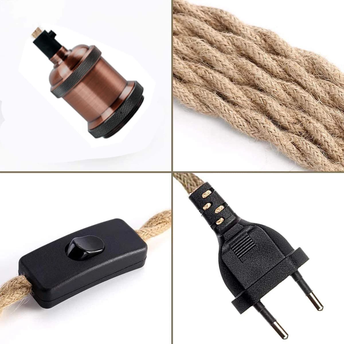 Cordon d'alimentation pour lampe suspendue Edison, cordon torsadé en chanvre, support de lampe E26 E