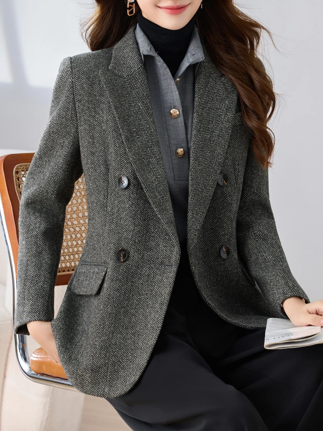 Blazer pied-de-poule à revers, Double boutonnage, avec ourlet fendu, Design élégant, couleur unie, h