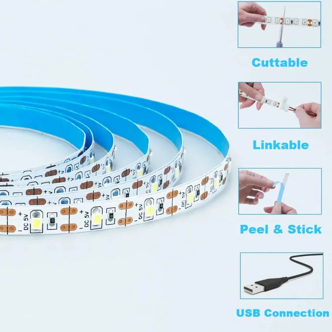 Bande lumineuse LED USB 2835, 5V DC, 1- 5m, lumière blanche chaude, éclairage de fond de télévision,