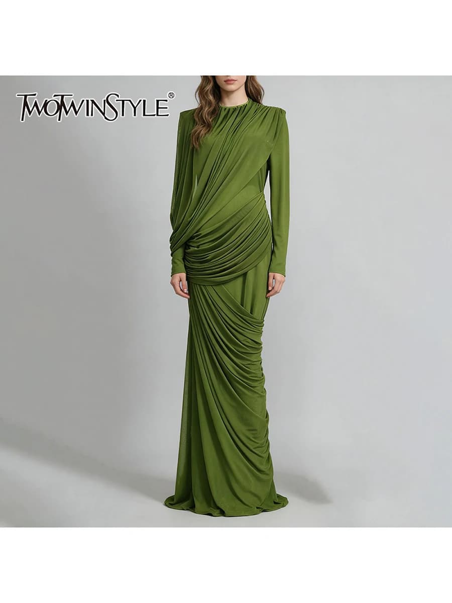 TWOTWINSTYLE Robes pour femmes, design amincissant à plis, style tendance, col montant, manches long