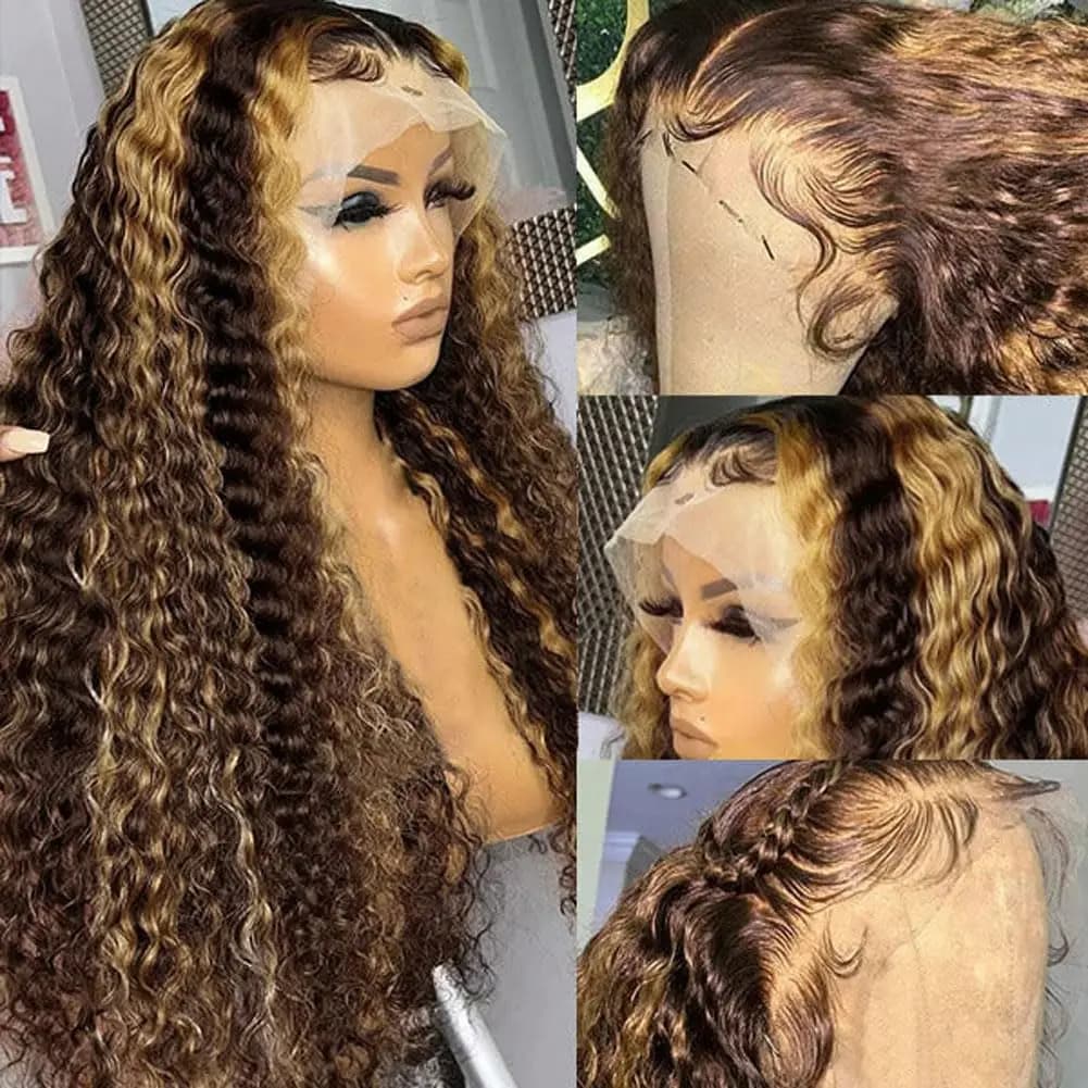 Perruque avant en dentelle à reflets blond miel ombré, cheveux humains 13x6, vague profonde HD, perr