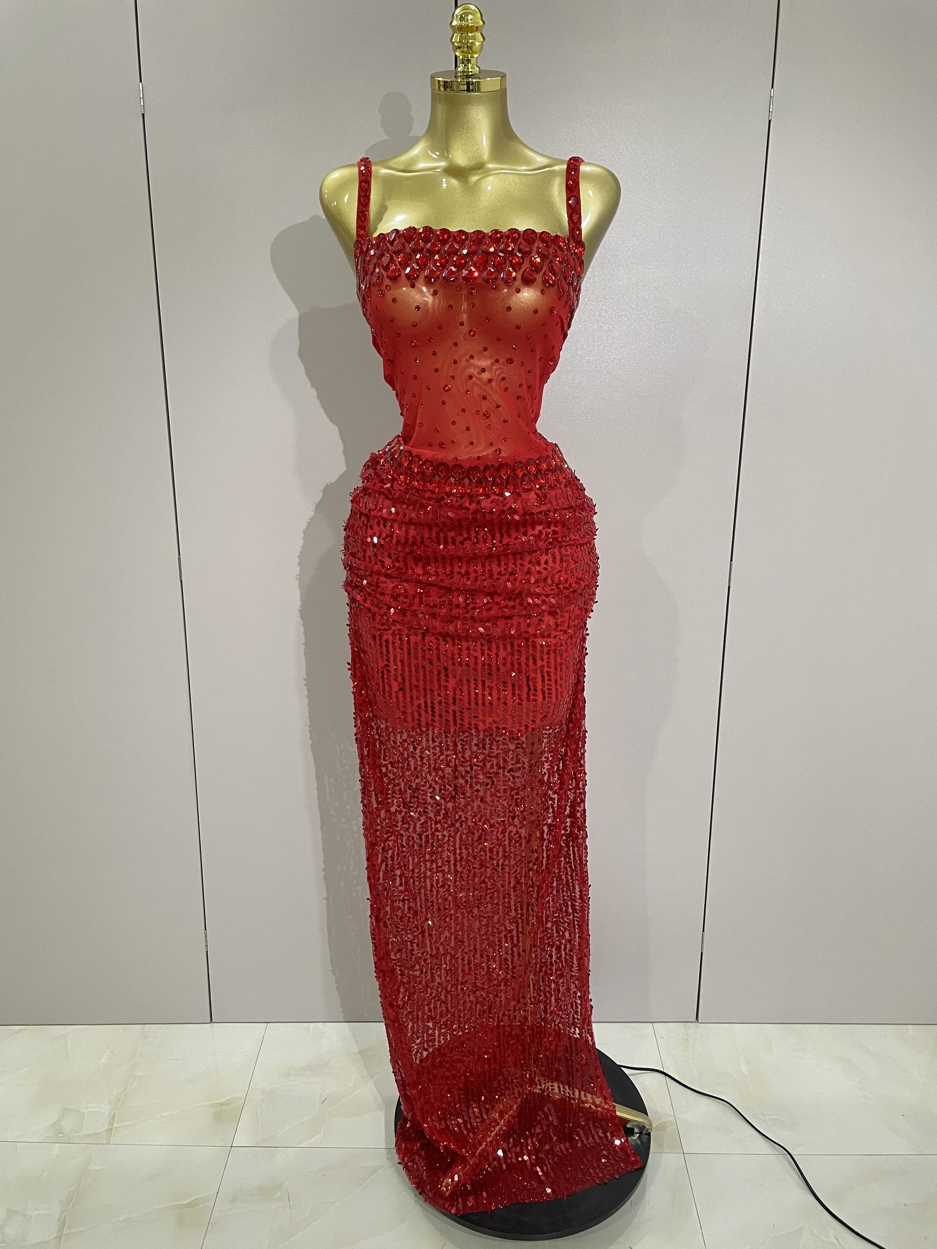 Robe longue 2 pièces transparente et sexy avec strass rouges scintillants et paillettes, pour femmes