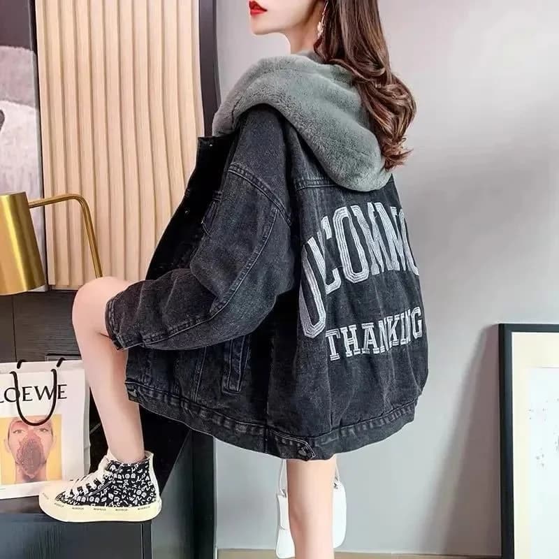 Veste en jean à capuche pour femme, vêtements en coton chaud, broderie adt, plus velours, UNIS issem