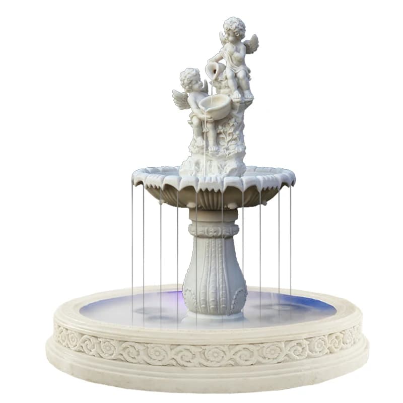 Fontaine à eau courante, ornement, grand étang à poissons en plein air, balcon, jardin, caractéristi