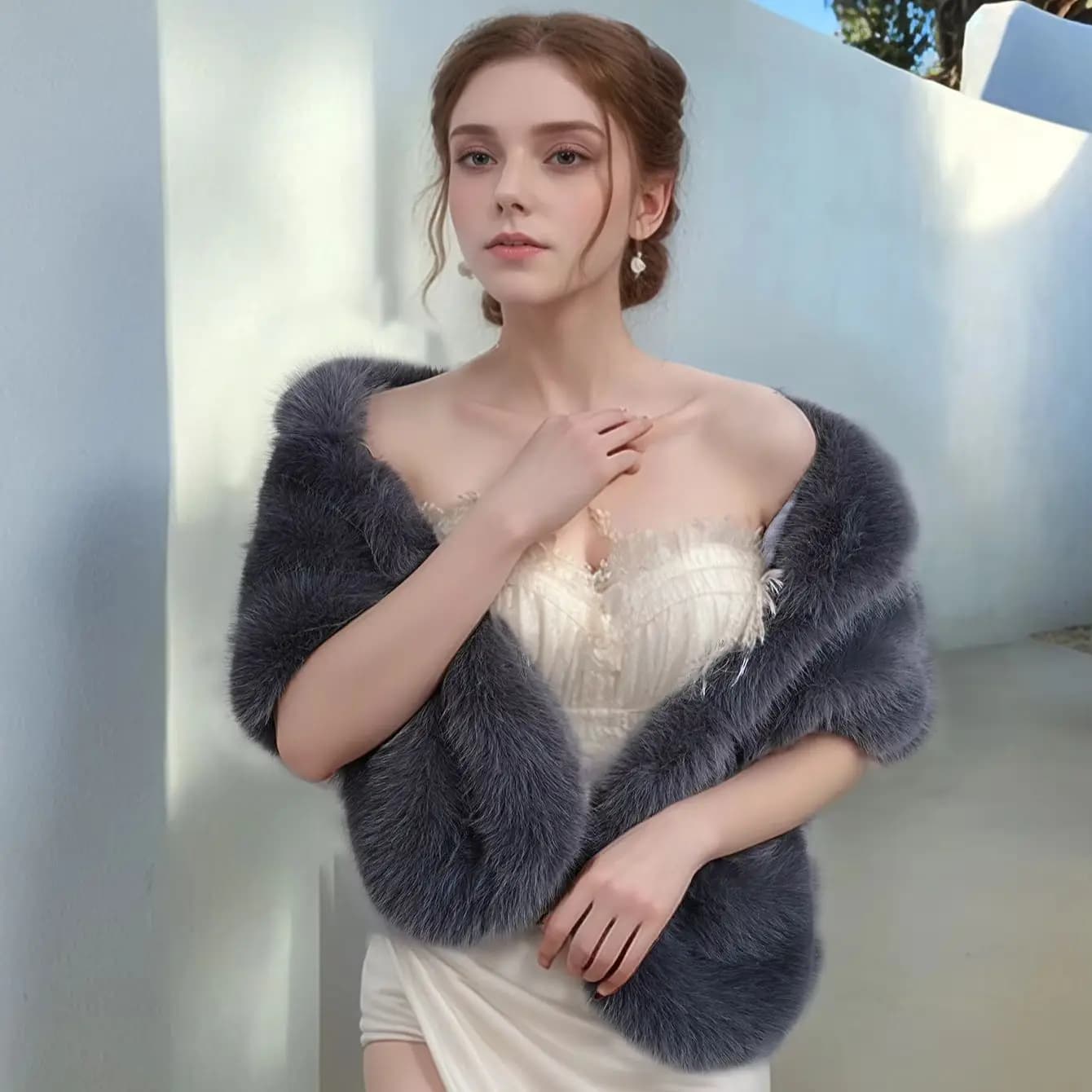Châle en polyester et fourrure de renard fait à la main pour femmes, vêtements chauds, fête de maria