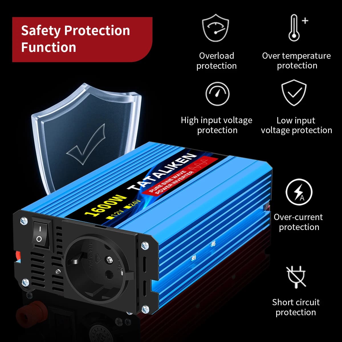 Convertisseur d'ondes sinusoïdales pures 1000W-4000W DC 12V et 24V vers AC 220V 50Hz, chargeur, adap