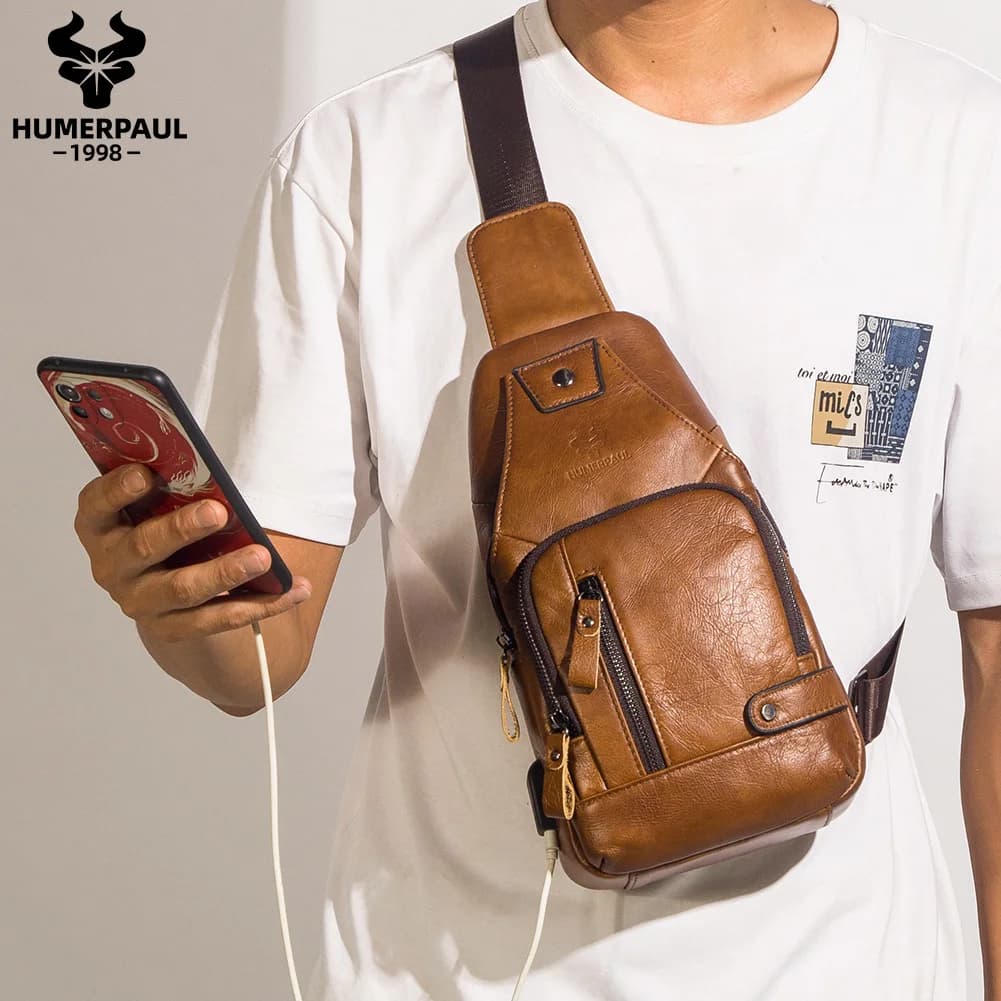 HUMERPAUL-Sac de poitrine USB pour homme, 100% cuir véritable, sacs à bandoulière initiés, sac de me