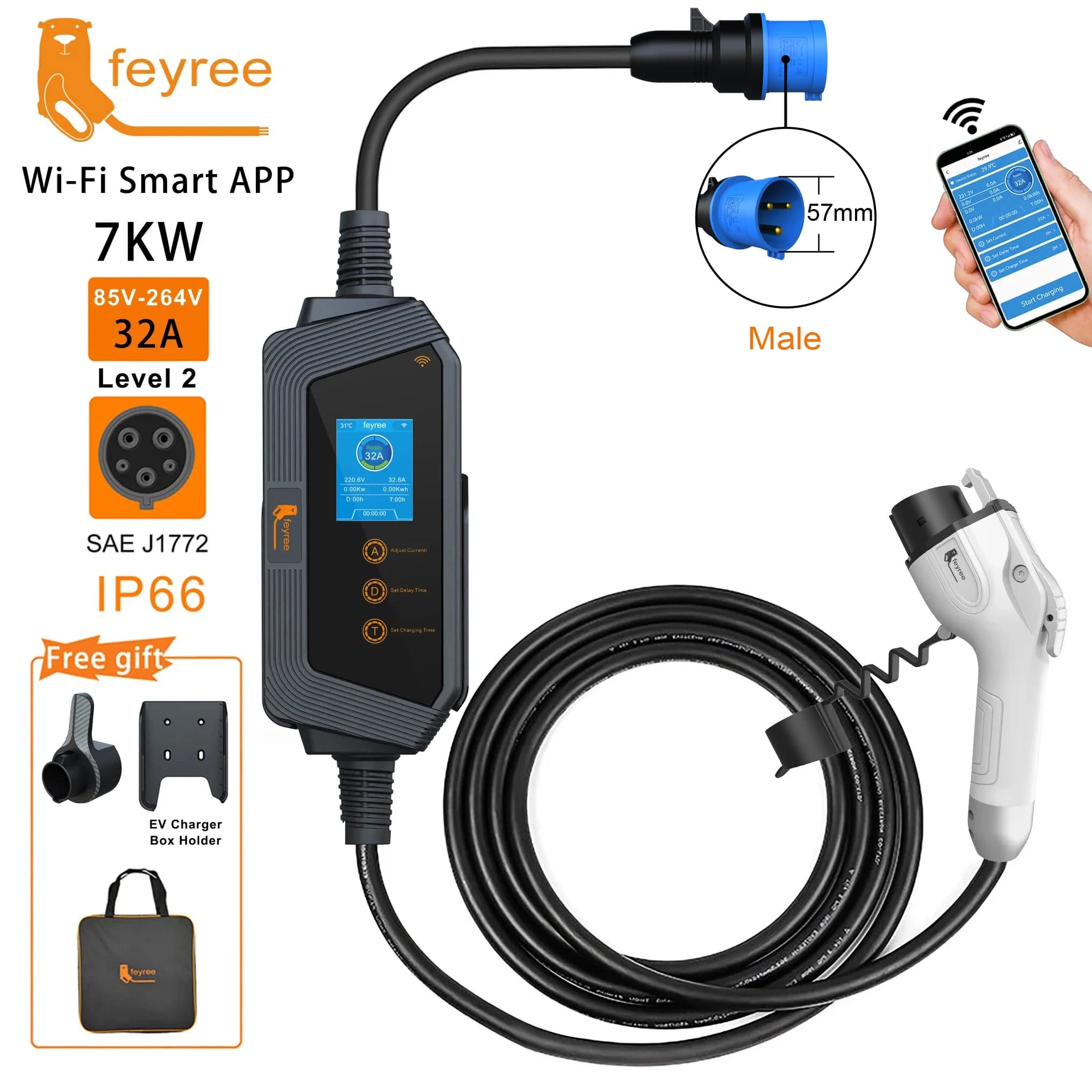 Feyree Type1 chargeur EV Portable 7KW 32A 1 phase prise J1772 avec câble de 5m application intellige