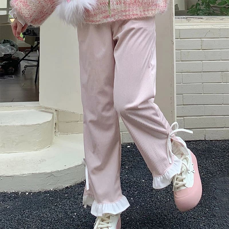 Pantalon en velours côtelé à nœud rose pour femme, style Sweet Lolita, volants Kawaii, bandage latér