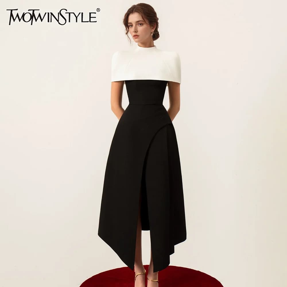 TWOTWINSTYLE détachable cape robes élégantes pour les femmes col carré sans manches taille haute hit
