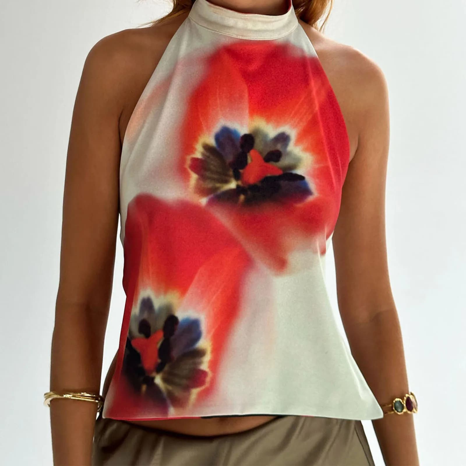Haut à licou sans manches pour femmes, dos nu, imprimé points/fleurs, gilet d'été, doux et confortab