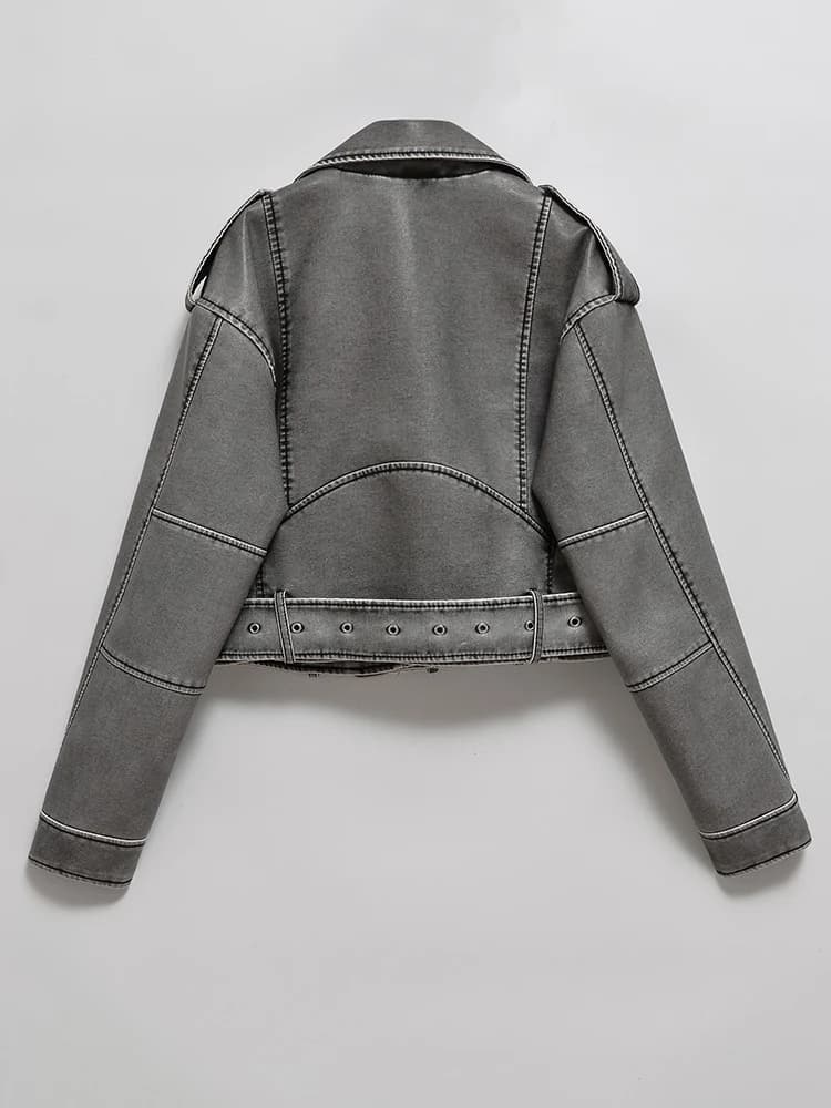 Ailegogo femmes Vintage ample lavé Faux cuir veste courte Streetwear femme fermeture éclair ceinture