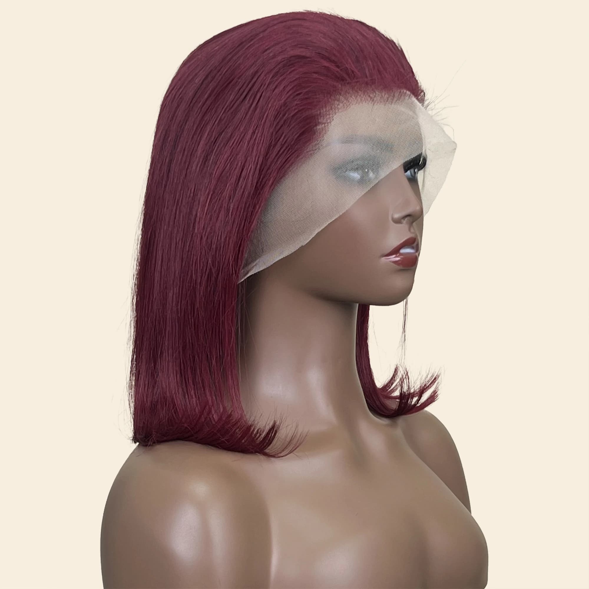 Perruque Bob Lace Front Wig Remy Naturelle Lisse, Cheveux Courts, Bordeaux 99J, 13x4, Pre-Plucked, D
