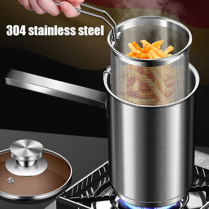 Pot de friteuse épais avec panier et couvercle, grande friteuse en acier inoxydable, passoire à pâte