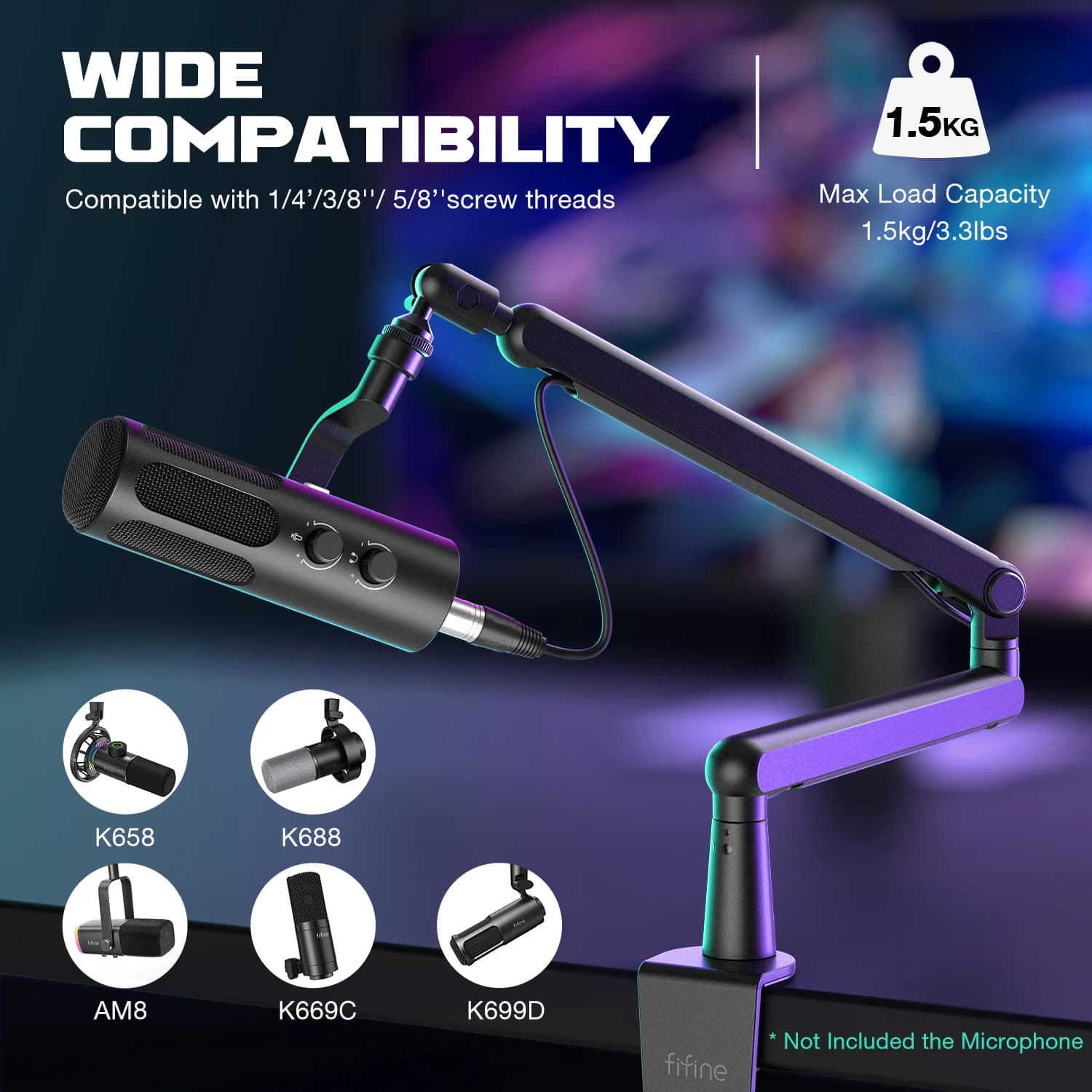 FIFINE-Microphone HONArm Ampligame, Bras de micro à profil bas réglable avec pince de montage de bur