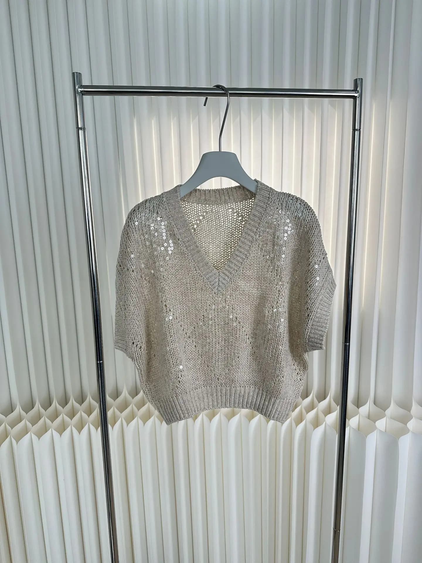 Pull tricoté léger de luxe pour femmes, grille de diamant creuse, paillettes brodées, manches chauve