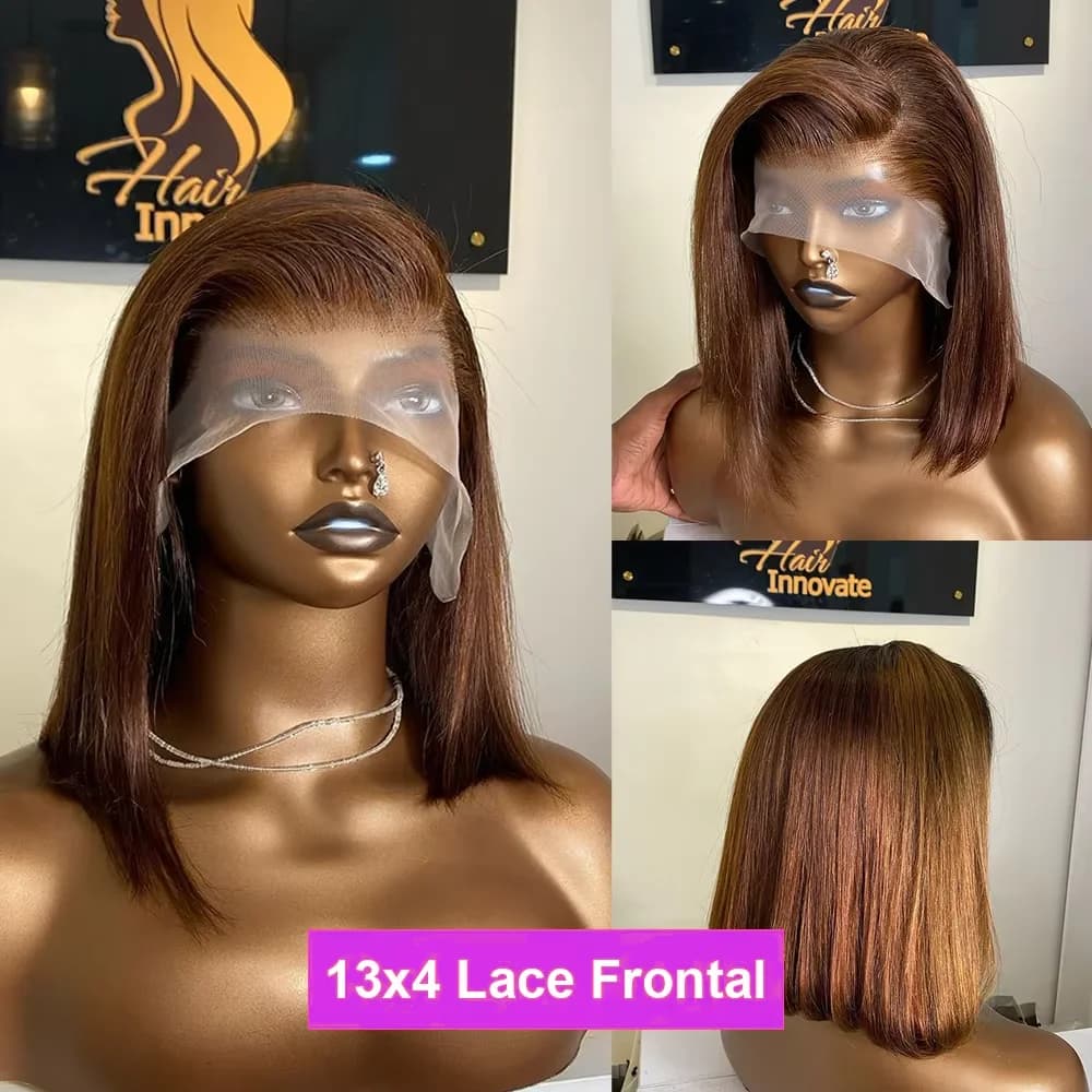 Perruque courte et droite brune, coupe bob, 13x4, 4x4, avec dentelle frontale HD, 100% cheveux humai