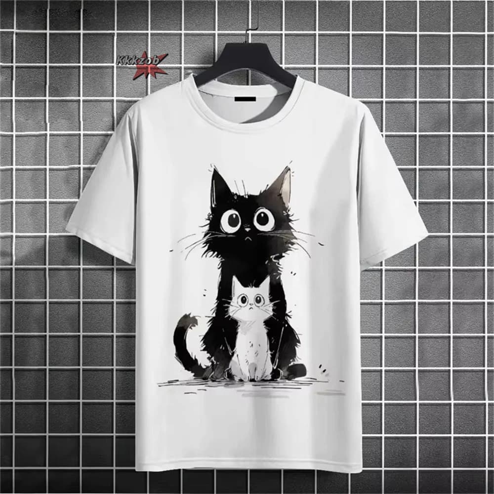 Japonais Ukiyo-E motif de chat mignon col rond hommes à manches courtes quotidien surdimensionné T-S