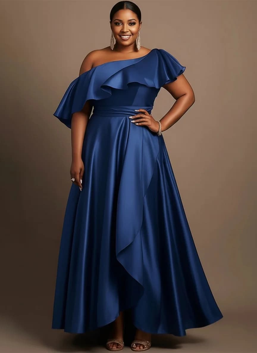 Robe de soirée élégante en satin à volants et épaule dénudée, taille plus, coupe asymétrique, longue