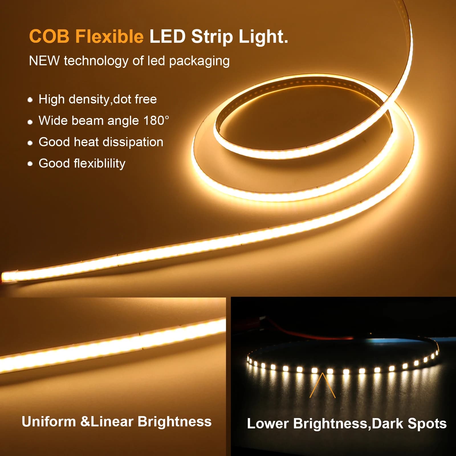 Bande LED COB 12V 320 LED/M, largeur 3MM 5MM 8MM, flexible, ruban lumineux LED FOB, RA90, éclairage 