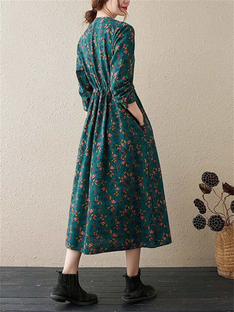 Robes à manches longues en coton et lin à imprimé floral vintage pour femmes, nouvelle collection pr