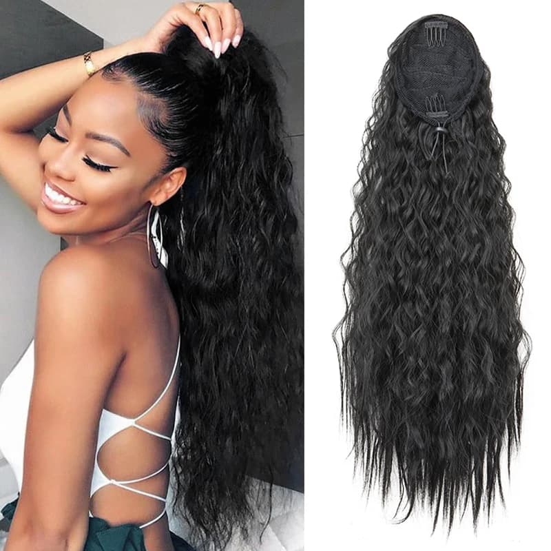 22 pouces synthétique longue crépus bouclés queue de cheval Extension de cheveux cordon enveloppé pi