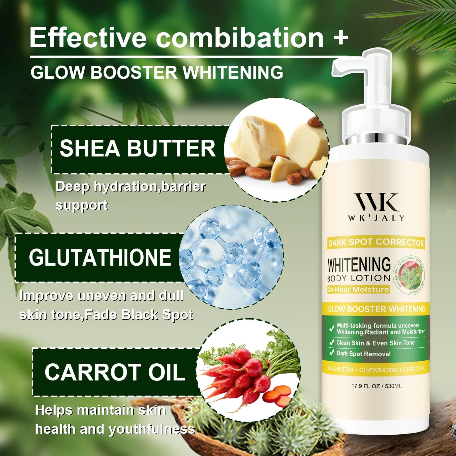 WK JALY Lotion pour le corps blanchissante Glow Booster, avec glutathion, élimine les taches foncées