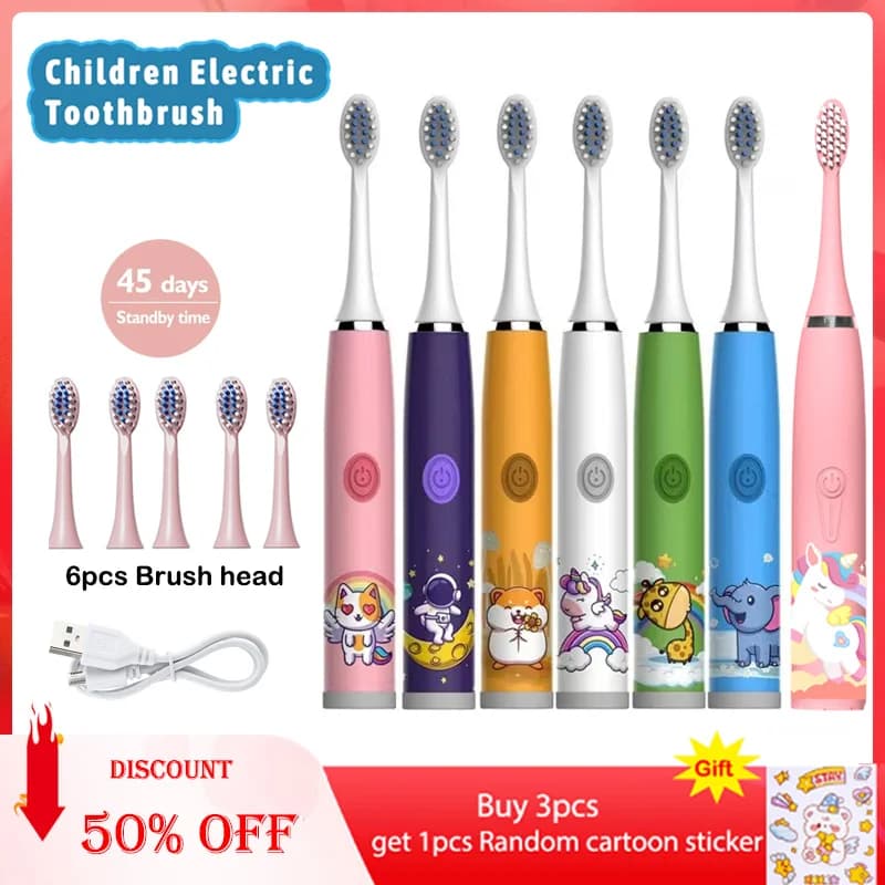 Brosse à dents électrique pour enfants, dessin animé, avec tête de remplacement, Ultra sonique, étan