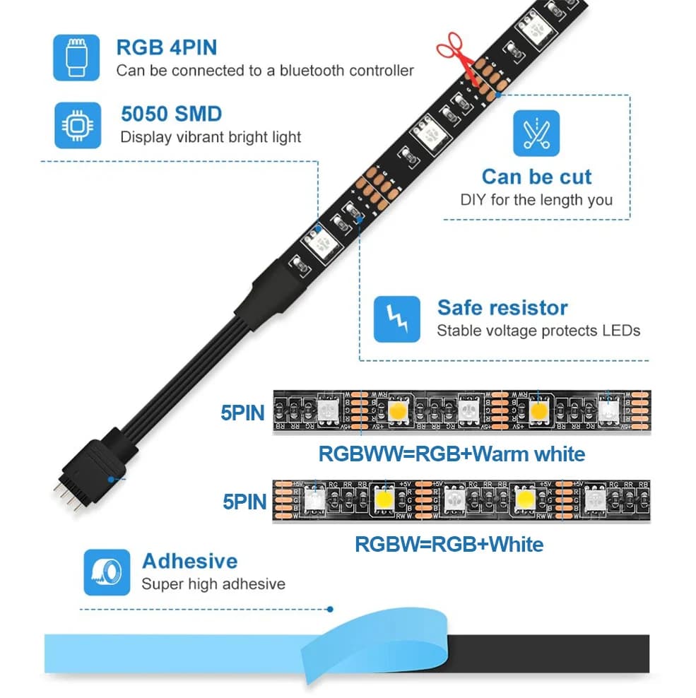Bande lumineuse Led USB RGB RGBW, 5V, contrôle par application, lumières à couleur changeante, Bluet