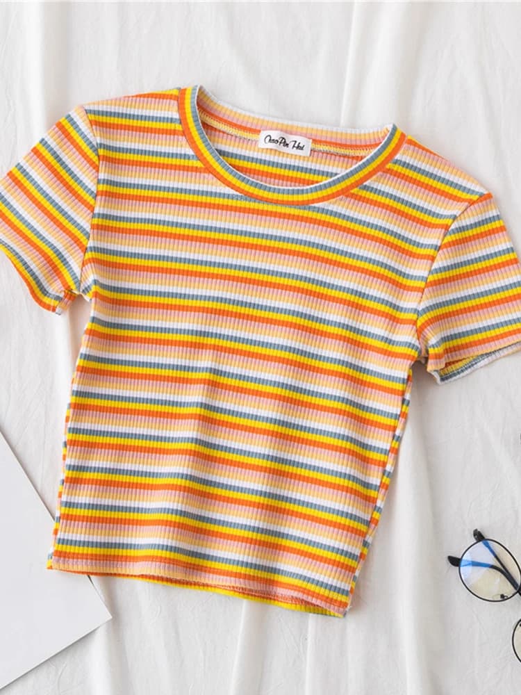 T-shirt à rayures arc-en-ciel pour femmes, haut à manches courtes, vêtement estival et slim, marque 
