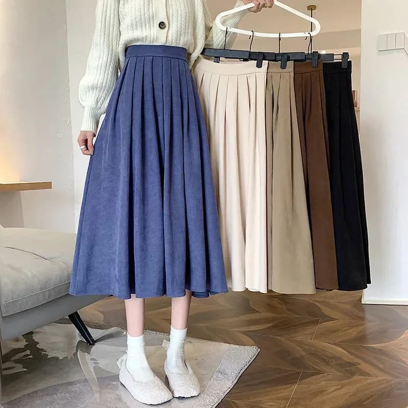 Xpqbb-Jupe Mi-Longue en Velours Côtelé pour Femme, Taille Haute, Style Collège, Plissée A-Line, Auto