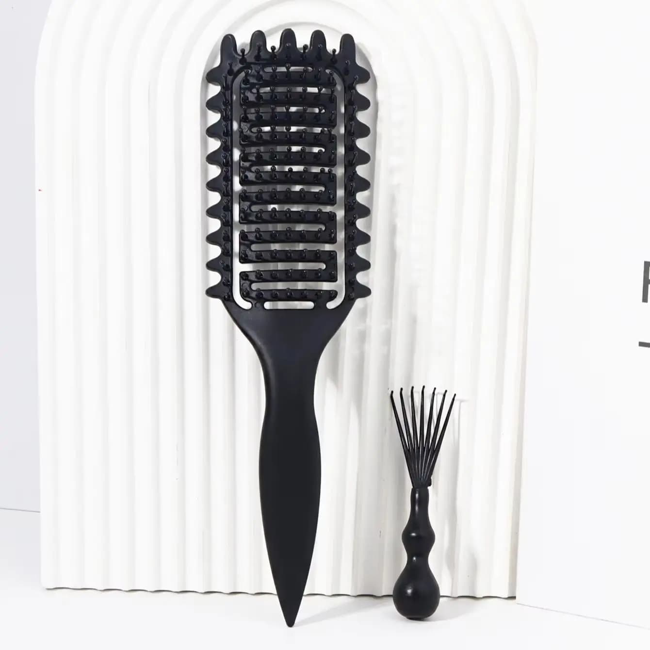Brosse de coiffure bouclée ajourée avec ensemble de nettoyage de peigne, réduisant les frisottis et 