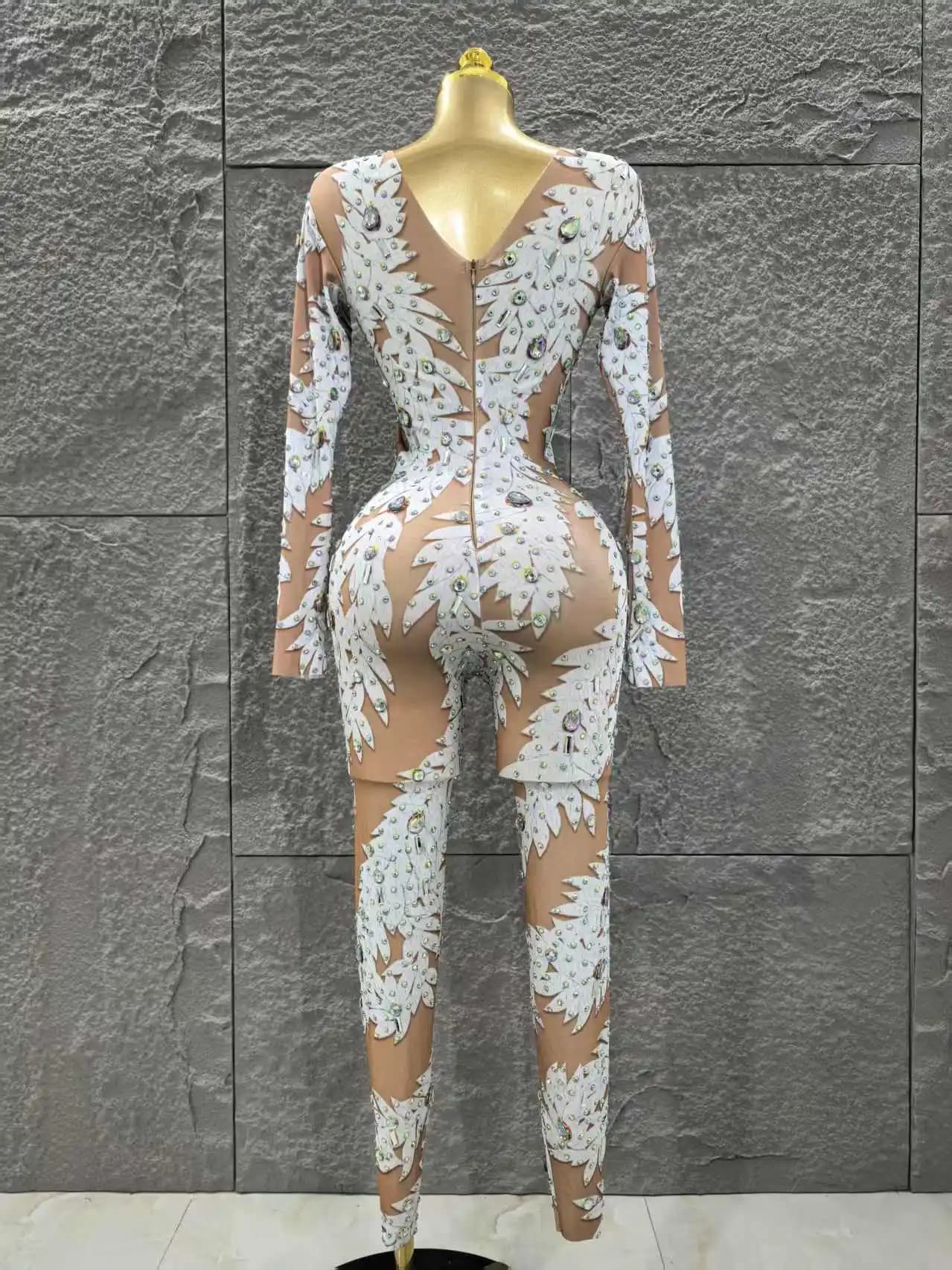 Gros femmes Sexy à manches longues brillant strass moulante combinaison célébrer discothèque fête Pe