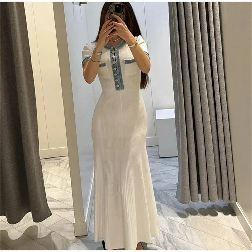 Robe longue élégante en maille contrastante pour femme, chic, col rond, manches courtes, boutons mét