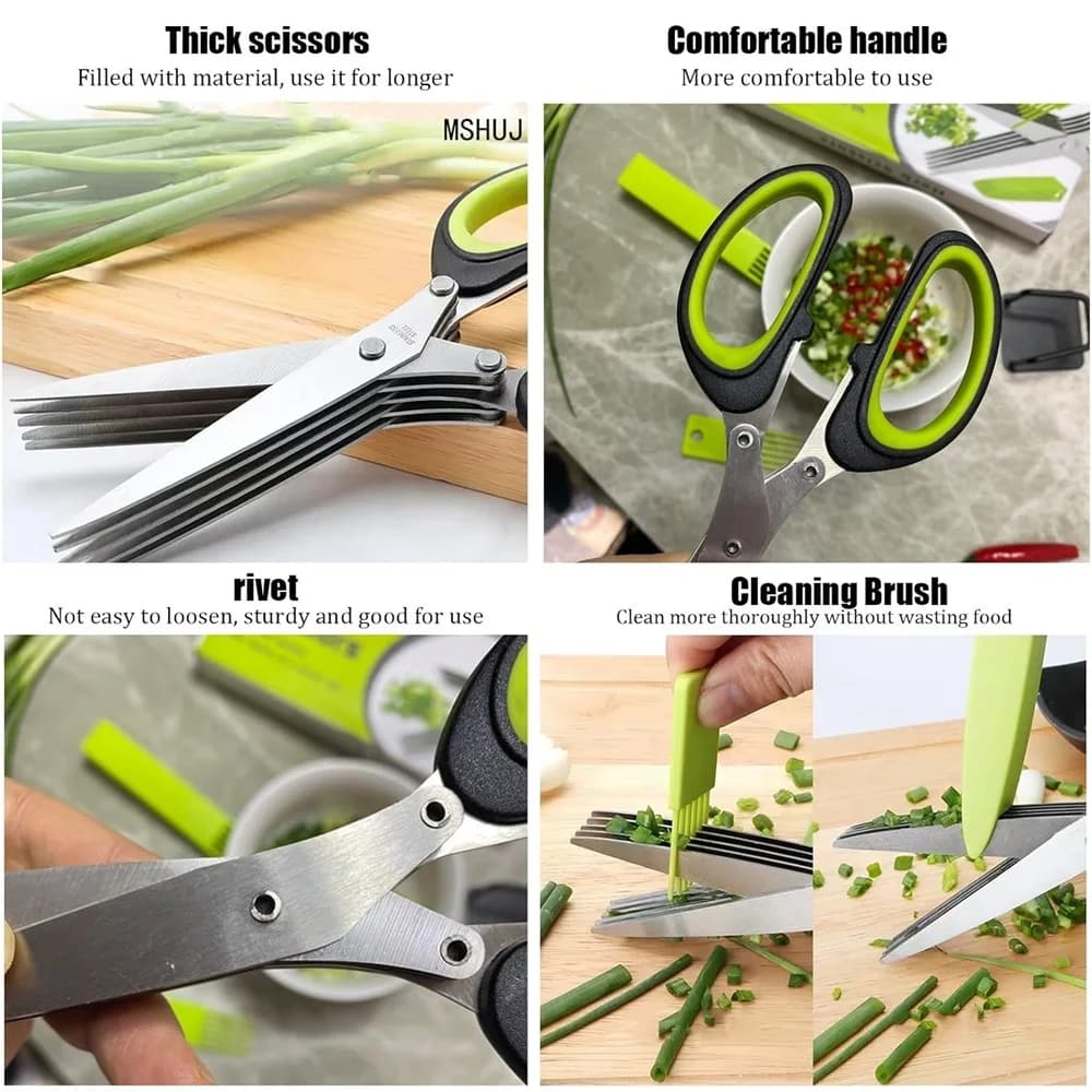 Ciseaux multicouches de cuisine, 5 lames, coupe-oignon en acier inoxydable, algues, épices, herbes, 