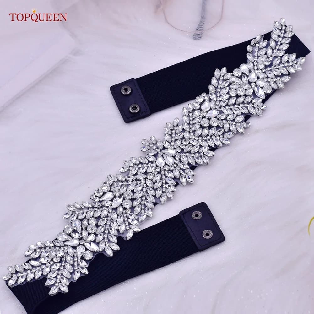 TOPQUEEN S420-B femmes noir mode élastique larges ceintures argent strass à la main perlé ceinture r