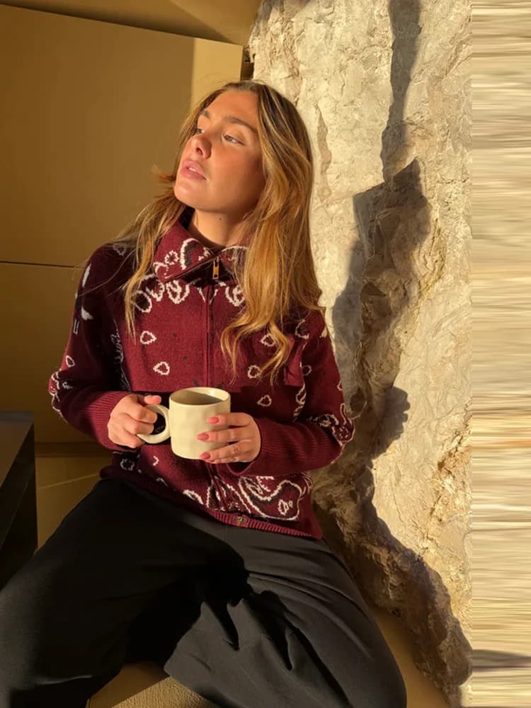 Cardigan Jacquard Printemps à Col Montant pour Femme, Manteau Chic à Manches Longues avec Fermeture 