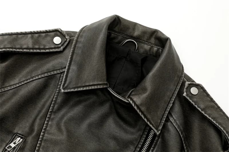2025New Coal gray le Veste en cuir lavé pour femme avec ceinture, manteau court avec fermeture éclai